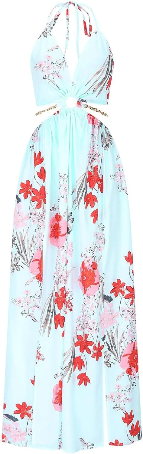 Boho Dresses for Women Summer Vacation Floral Halter Neck Tie Back Maxi Dress Split Beach Flowy Long Sundress