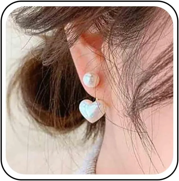 Boho Pearl Heart Ear Jacket Earrings Gold Pearl Studs Earrings Love Heart Earrings Double Sided Front Back Earrings Jewelry for Women