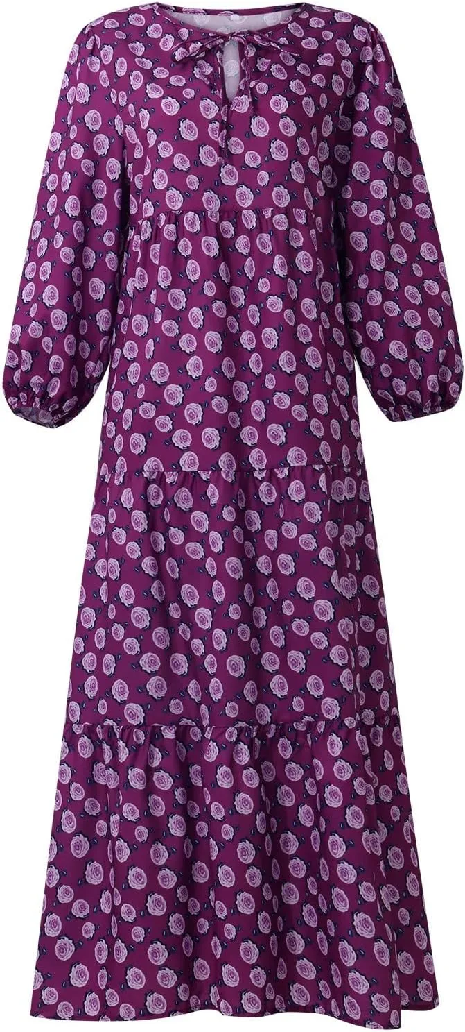 Boho Summer Dresses for Women 2025 Puff Sleeve Geometric Flower Maxi Dress Comfy Tiered Gingham Flowy Long Dress