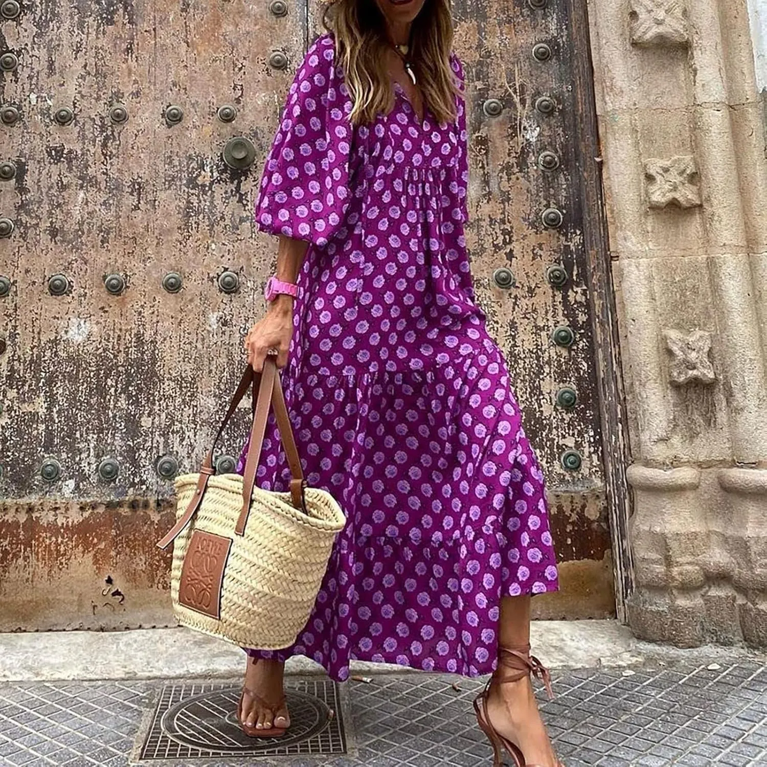 Boho Summer Dresses for Women 2025 Puff Sleeve Geometric Flower Maxi Dress Comfy Tiered Gingham Flowy Long Dress