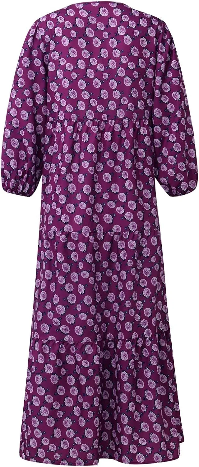Boho Summer Dresses for Women 2025 Puff Sleeve Geometric Flower Maxi Dress Comfy Tiered Gingham Flowy Long Dress