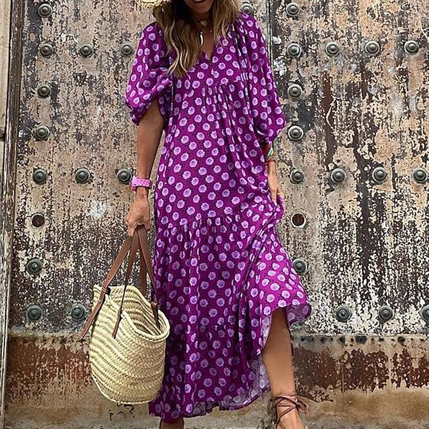 Boho Summer Dresses for Women 2025 Puff Sleeve Geometric Flower Maxi Dress Comfy Tiered Gingham Flowy Long Dress