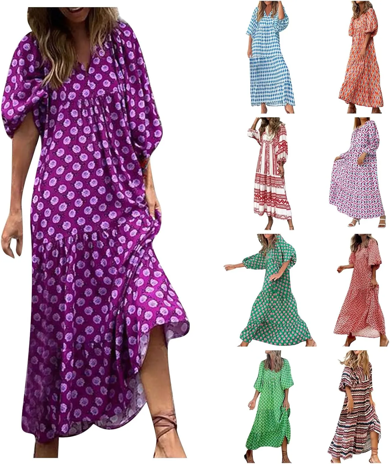 Boho Summer Dresses for Women 2025 Puff Sleeve Geometric Flower Maxi Dress Comfy Tiered Gingham Flowy Long Dress