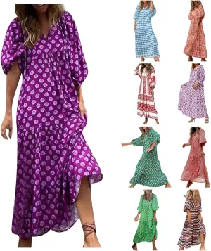 Boho Summer Dresses for Women 2025 Puff Sleeve Geometric Flower Maxi Dress Comfy Tiered Gingham Flowy Long Dress
