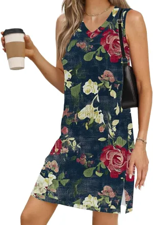Boho Sundresses for Women 2025 V Neck Aztec Print Knee Length Tank Dress Loose Fit Mini Shift Dress Casual Summer