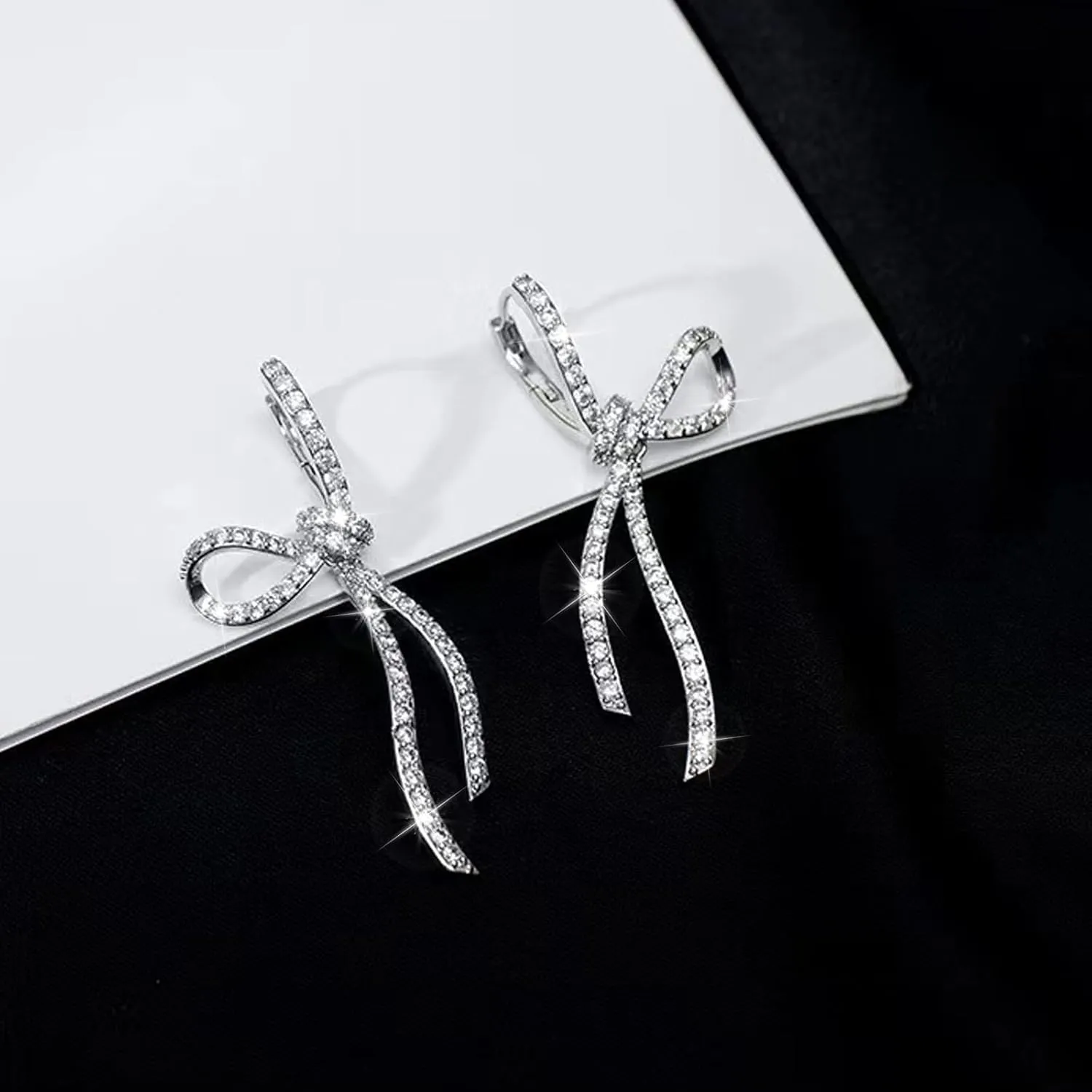 Bow Earrings for Women Trendy Sparkly Rhinestone Stud Earrings Bow Pearl Dangle Earrings Silver Jewelry Prom Wedding Party Dress Jewerly Gifts