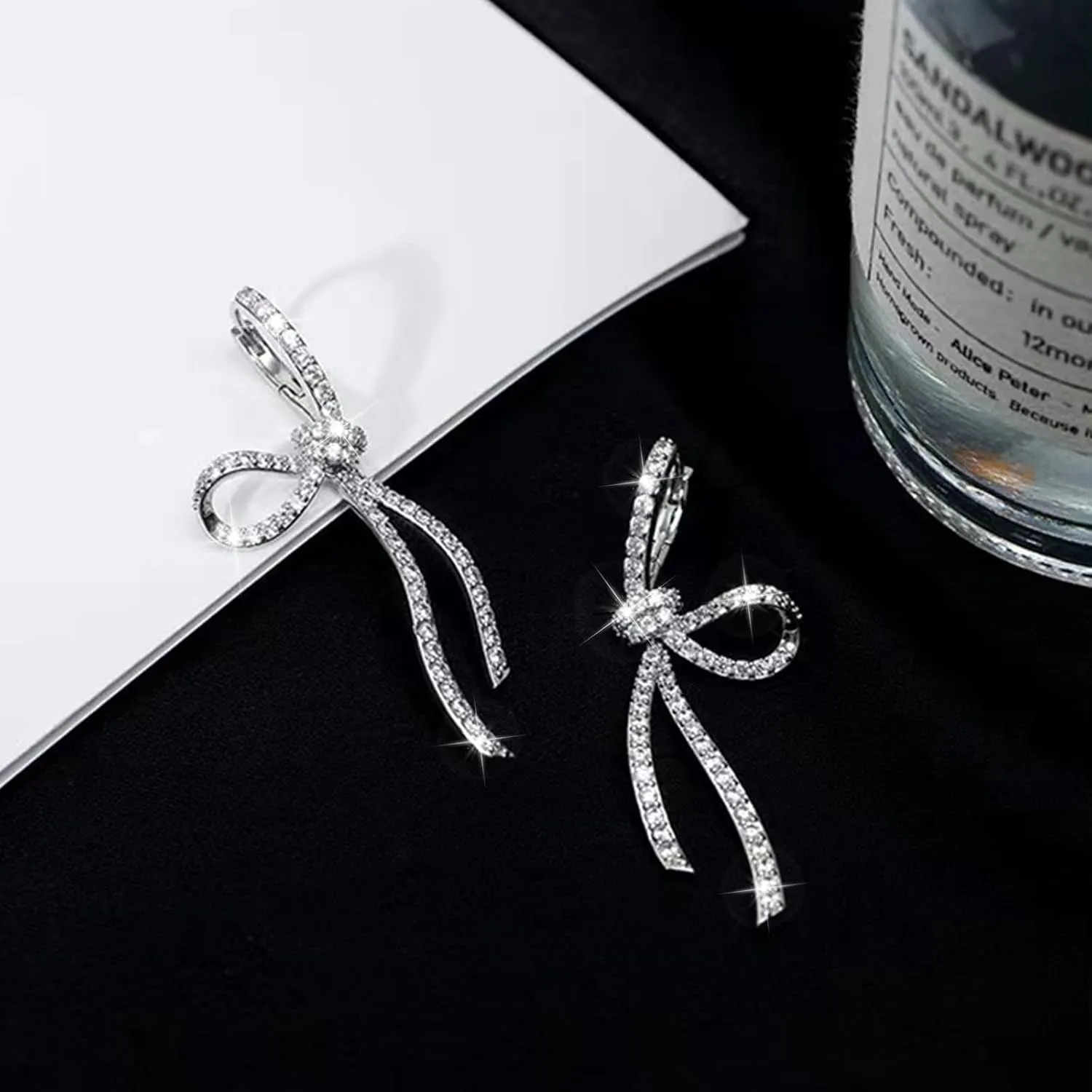Bow Earrings for Women Trendy Sparkly Rhinestone Stud Earrings Bow Pearl Dangle Earrings Silver Jewelry Prom Wedding Party Dress Jewerly Gifts