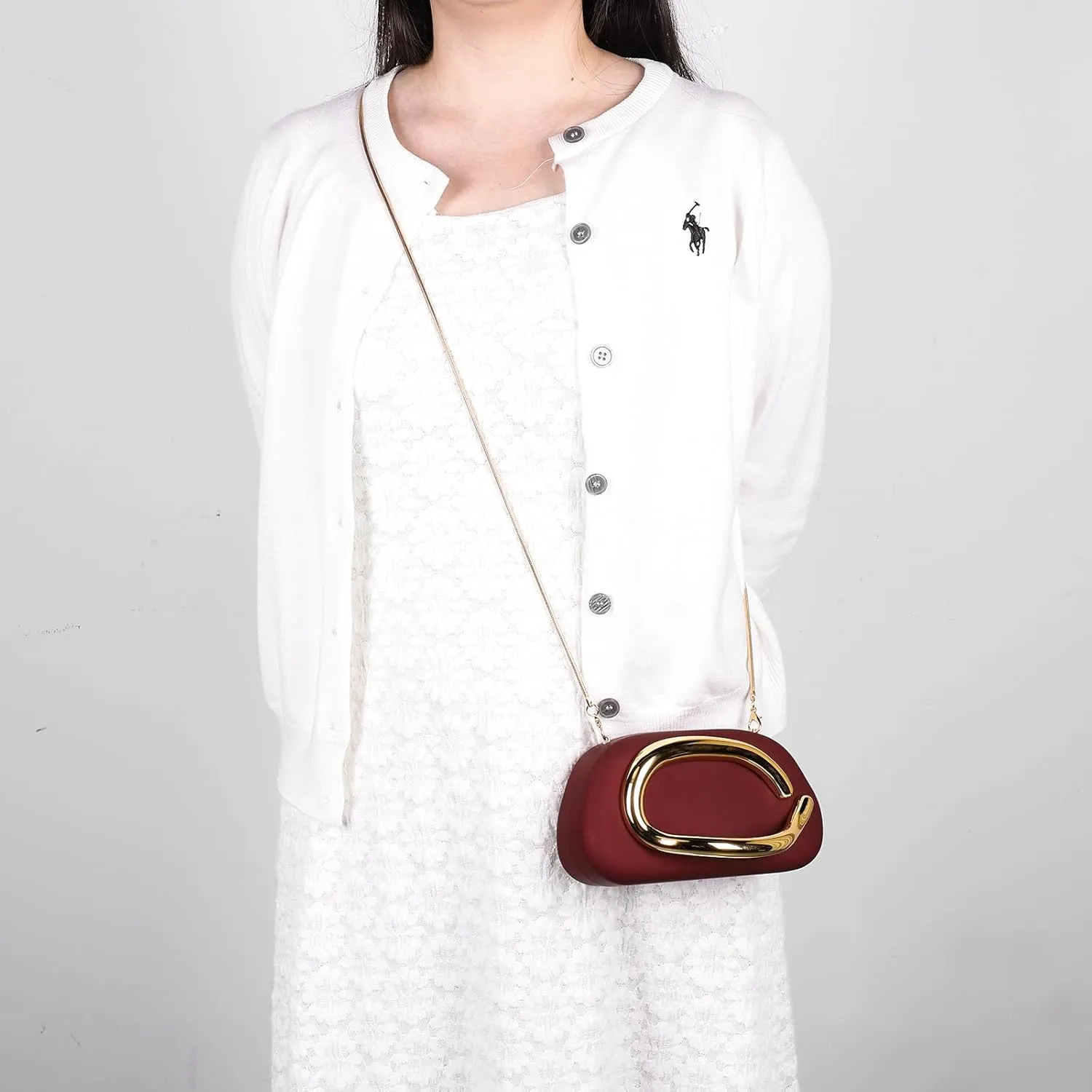 Box Clutch Purses For Women Shell Shape PU Leather Evening Handbag Gold Metal Handle Clutch Bag With Chain