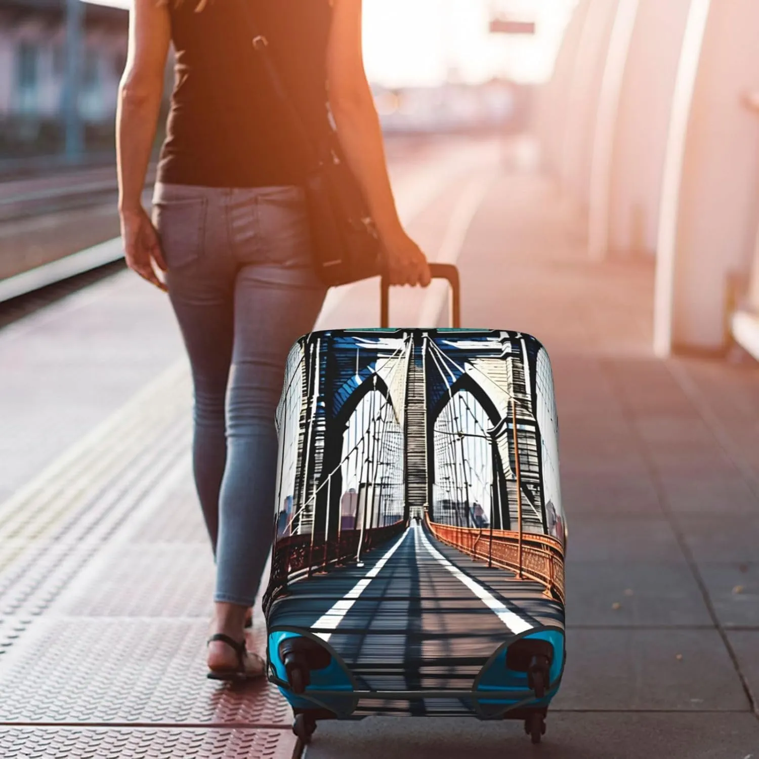 Brooklyn Bridge Print Practical Elastic Washable Travel Luggage Cover with Concealed Zipper for Suitcases