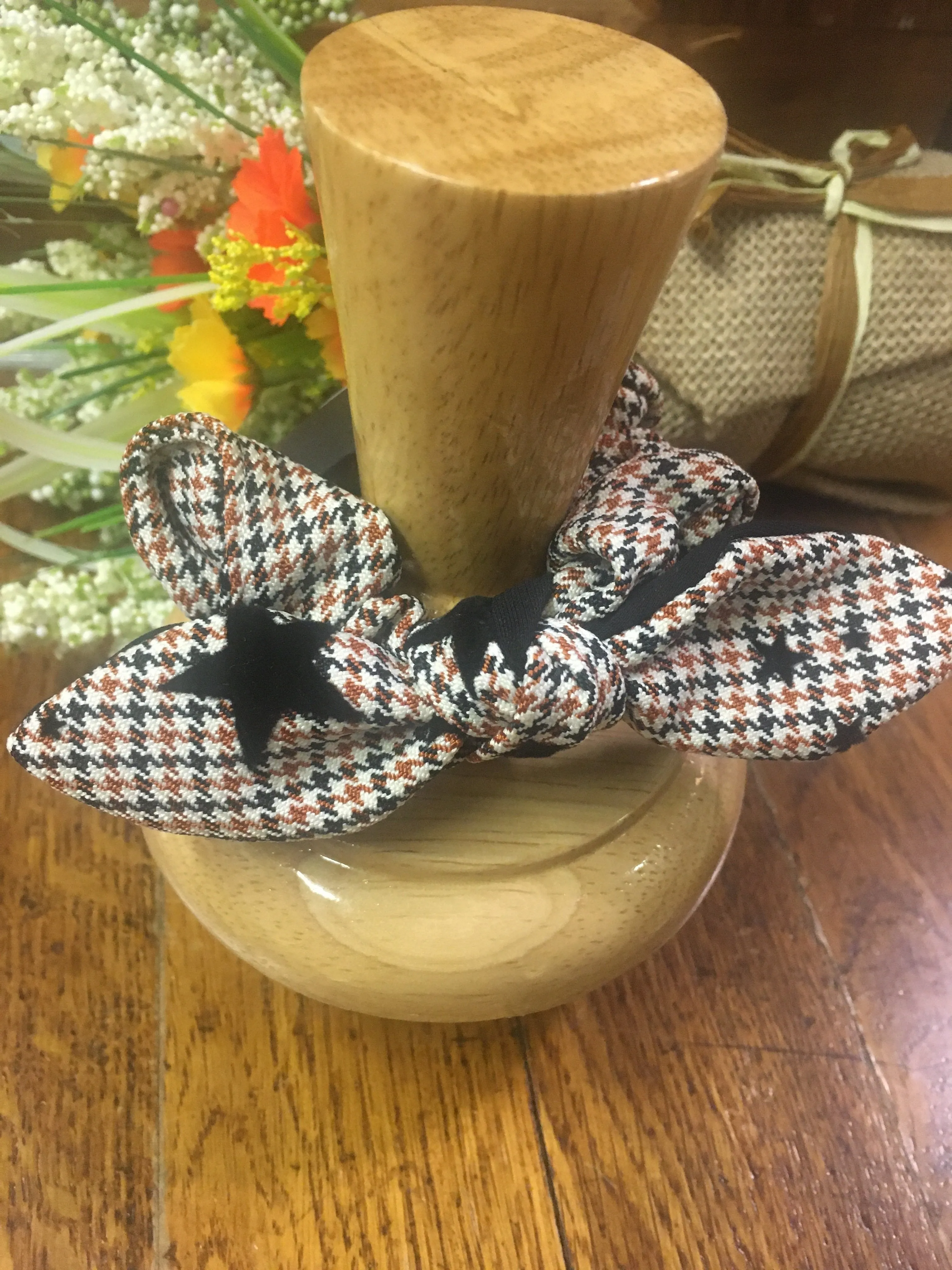 Brown Plaid Scrunchie With Center Bow And Stars