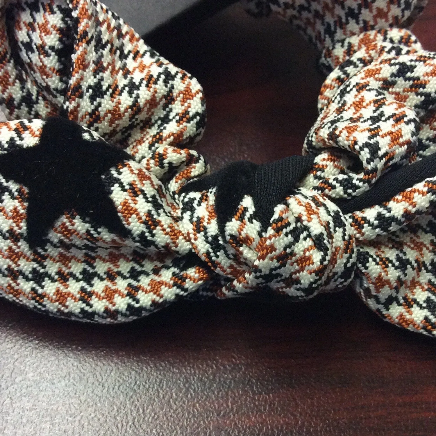 Brown Plaid Scrunchie With Center Bow And Stars