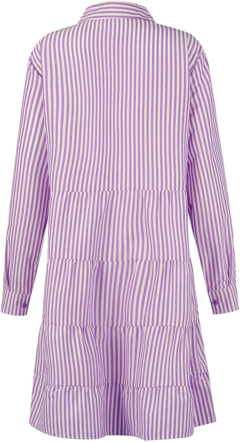 Button Down Dress for Women Summer Casual Striped Long Sleeve V Neck Lapel Dresses Loose Ruched Party Midi Dress 2025