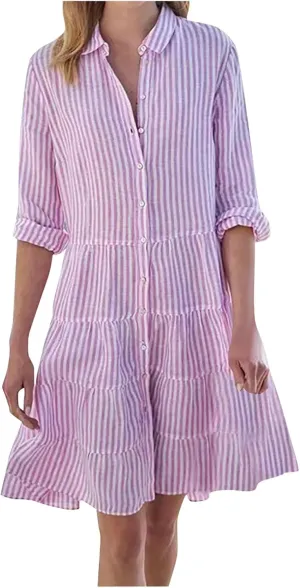 Button Down Dress for Women Summer Casual Striped Long Sleeve V Neck Lapel Dresses Loose Ruched Party Midi Dress 2025