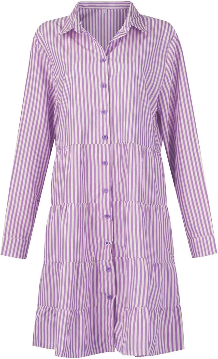 Button Down Dress for Women Summer Casual Striped Long Sleeve V Neck Lapel Dresses Loose Ruched Party Midi Dress 2025