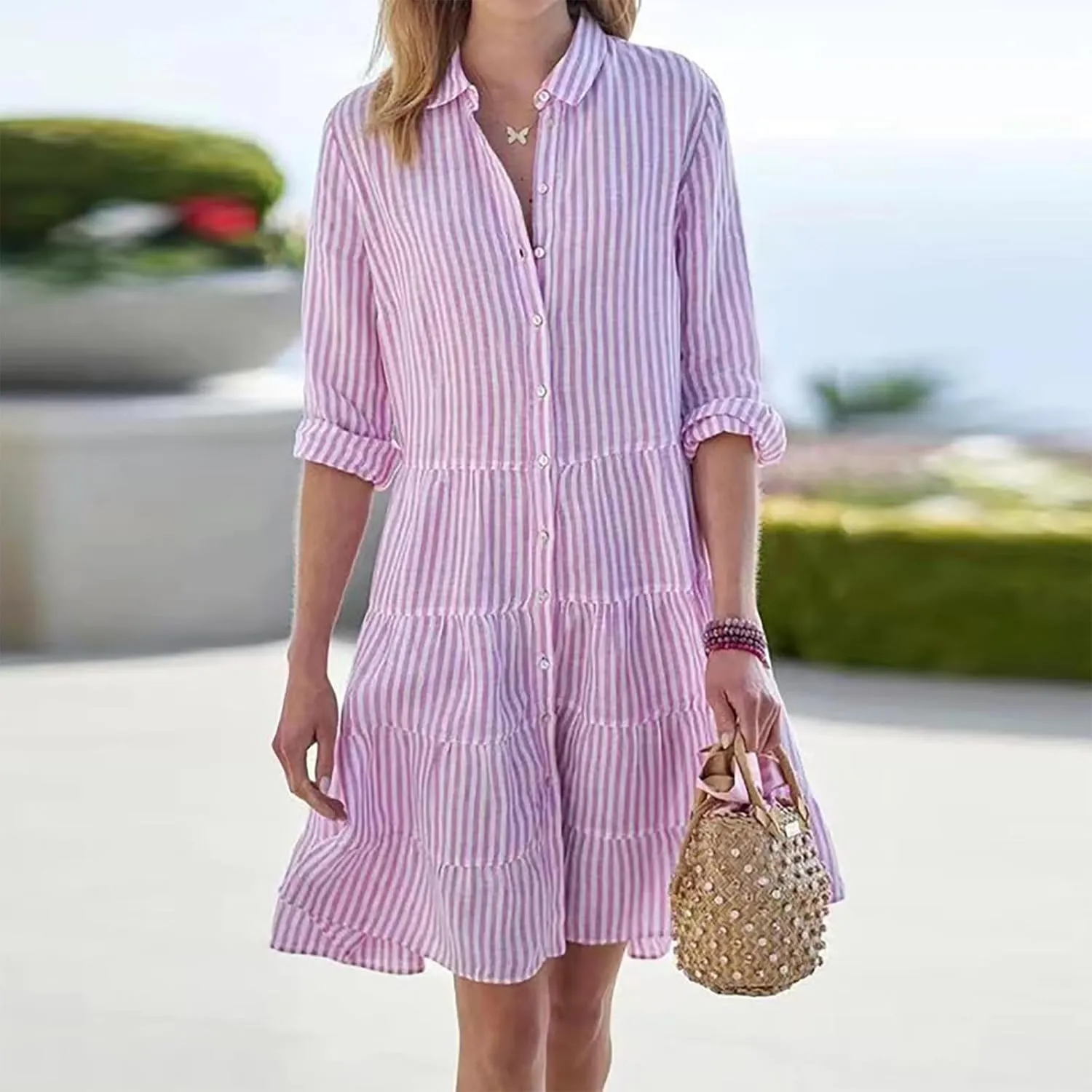 Button Down Dress for Women Summer Casual Striped Long Sleeve V Neck Lapel Dresses Loose Ruched Party Midi Dress 2025