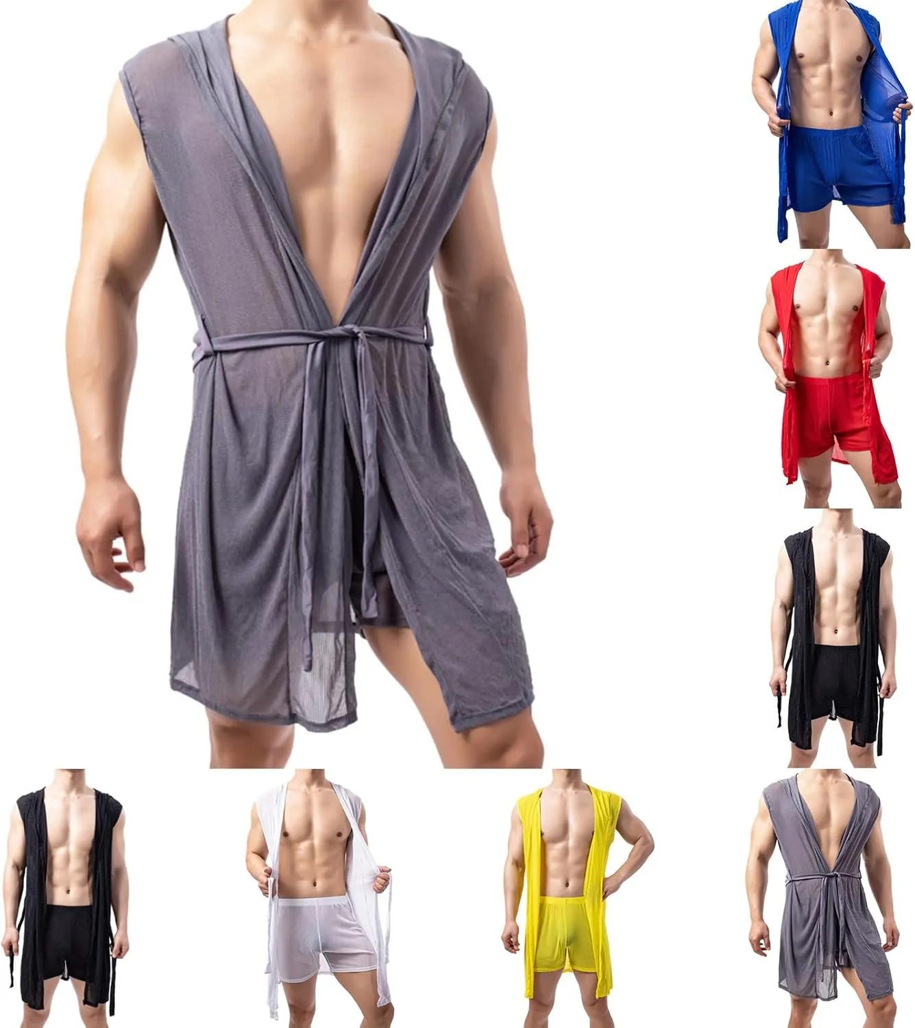 Cambkatl Men's Mesh Sheer Sexy Sleeveless Summer Robe Hooded Bathrobe Nightwear