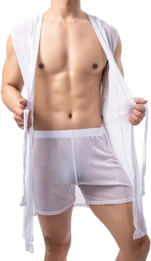 Cambkatl Men's Mesh Sheer Sexy Sleeveless Summer Robe Hooded Bathrobe Nightwear