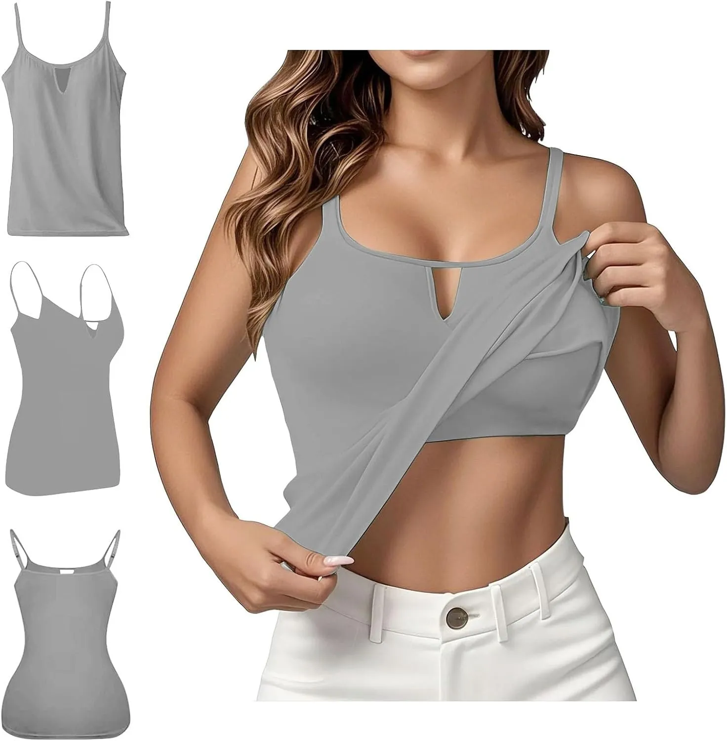 Camisole Tops for Women White Built in Bra Tank Tops Adjustable Spaghetti Strap 2025 Spring Summer Cami Shirts Under Clothes