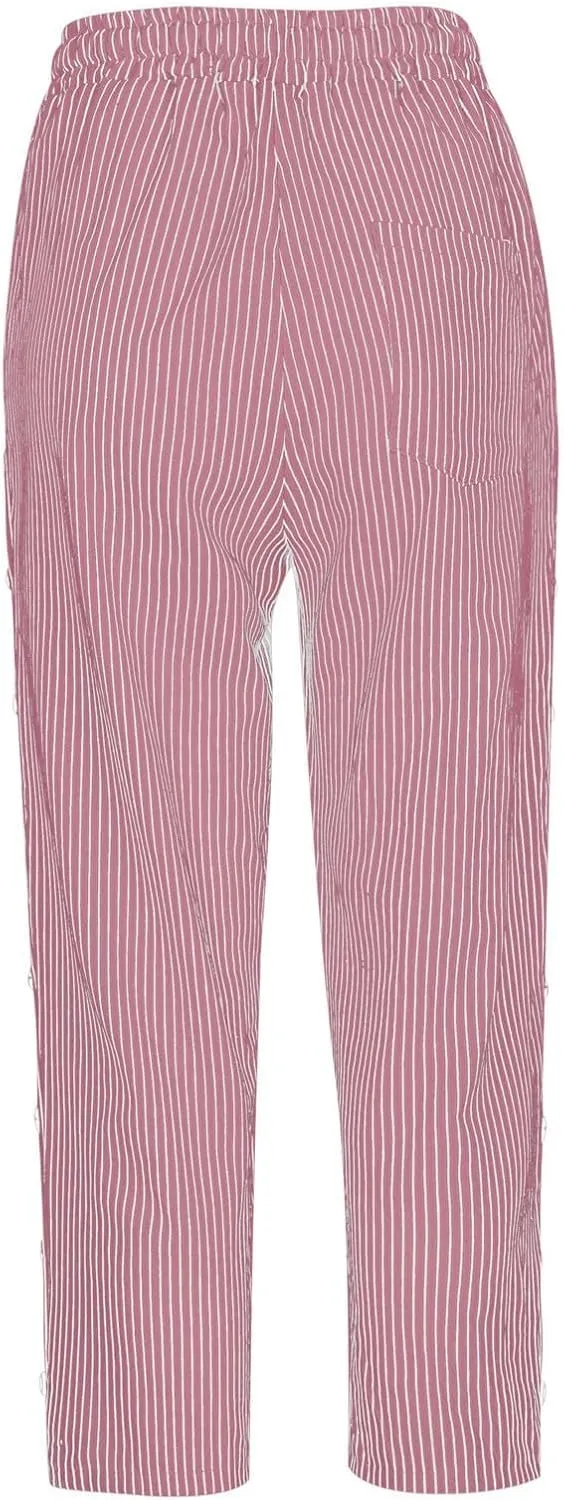 Capri Pants for Women Casual Striped Linen Pants Loose Fit Drawstring Trousers High Waist Cropped Trousers