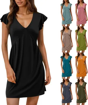 Casual Dresses for Women Ruffle Sleeve V Neck Empire Waist Short Tshirt Dress Flowy Summer Beach Vacation Sun Dresses