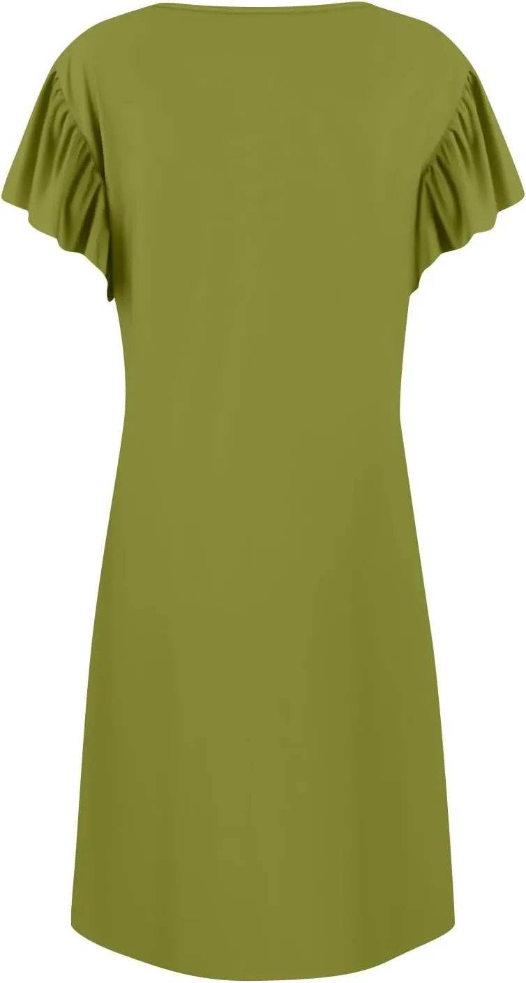Casual Dresses for Women V Neck Ruffle Sleeve Empire Waist Short Tshirt Dress Flowy Summer Beach Vacation Sun Dresses