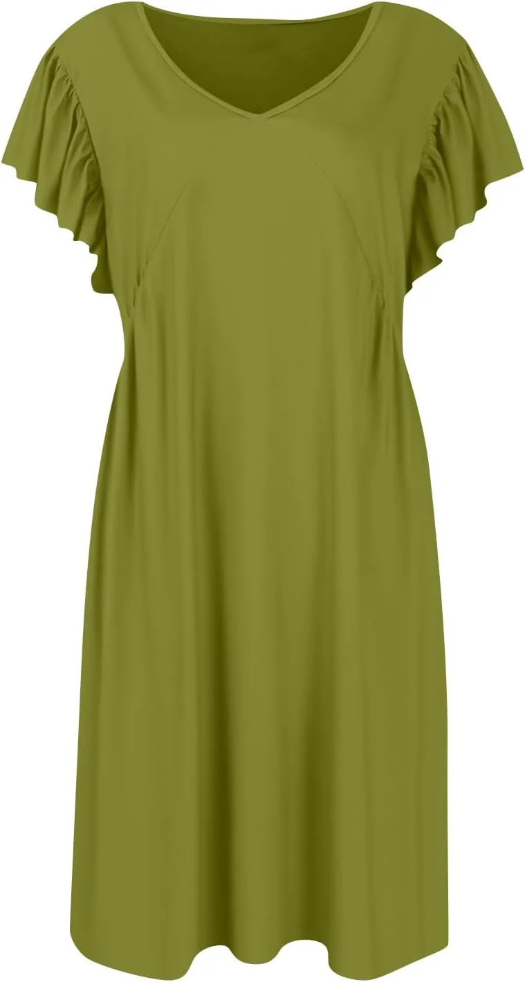 Casual Dresses for Women V Neck Ruffle Sleeve Empire Waist Short Tshirt Dress Flowy Summer Beach Vacation Sun Dresses