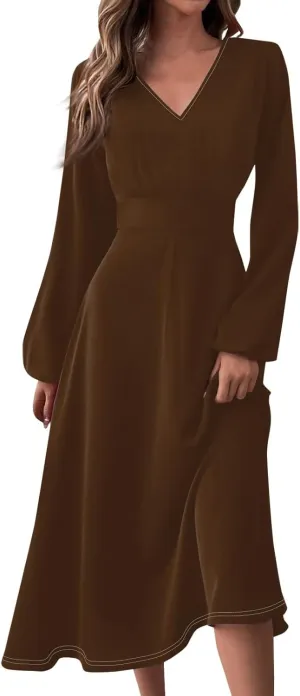 Casual Fall Wedding Guest Dresses for Women Long Sleeve Wrap V Neck Ruffle Belted A-Line Flowy Midi Dresses