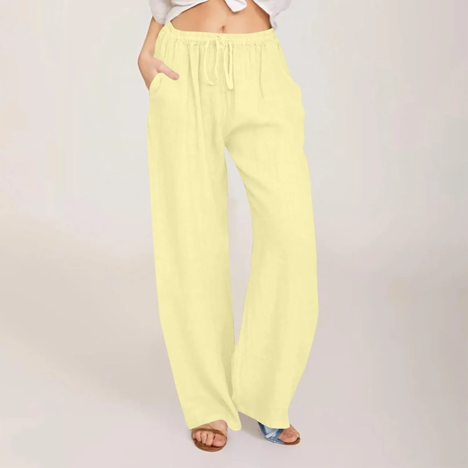 Casual Pants for Women Summer Solid Color Drawstring Elastic Waist Straight Leg Relaxed Comfy Long Trouser