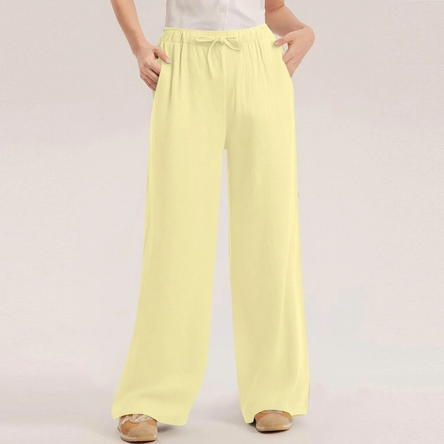 Casual Pants for Women Summer Solid Color Drawstring Elastic Waist Straight Leg Relaxed Comfy Long Trouser