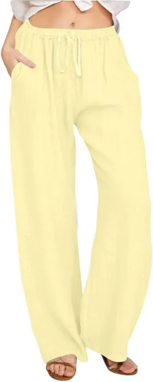 Casual Pants for Women Summer Solid Color Drawstring Elastic Waist Straight Leg Relaxed Comfy Long Trouser