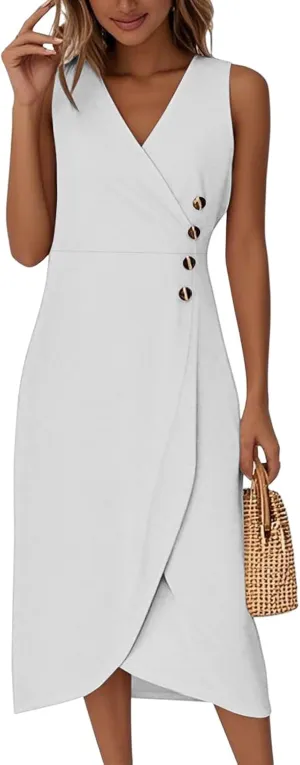 Casual Summer Dresses Spring V Neck Sleeveless Solid Color Flowy Vacation Wedding Guest Sundresses, S-2XL