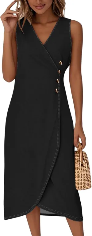 Casual Summer Dresses Spring V Neck Sleeveless Solid Color Flowy Vacation Wedding Guest Sundresses, S-2XL