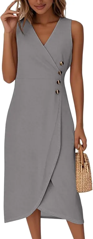 Casual Summer Dresses Spring V Neck Sleeveless Solid Color Flowy Vacation Wedding Guest Sundresses, S-2XL