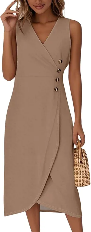 Casual Summer Dresses Spring V Neck Sleeveless Solid Color Flowy Vacation Wedding Guest Sundresses, S-2XL