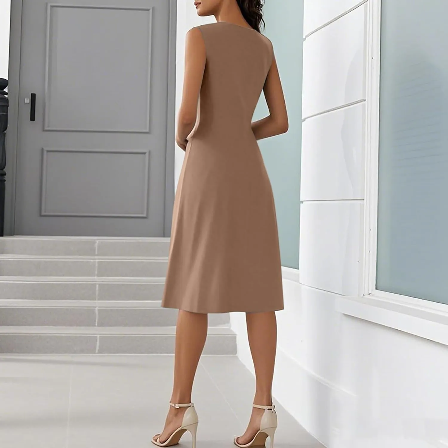 Casual Summer Dresses Spring V Neck Sleeveless Solid Color Flowy Vacation Wedding Guest Sundresses, S-2XL