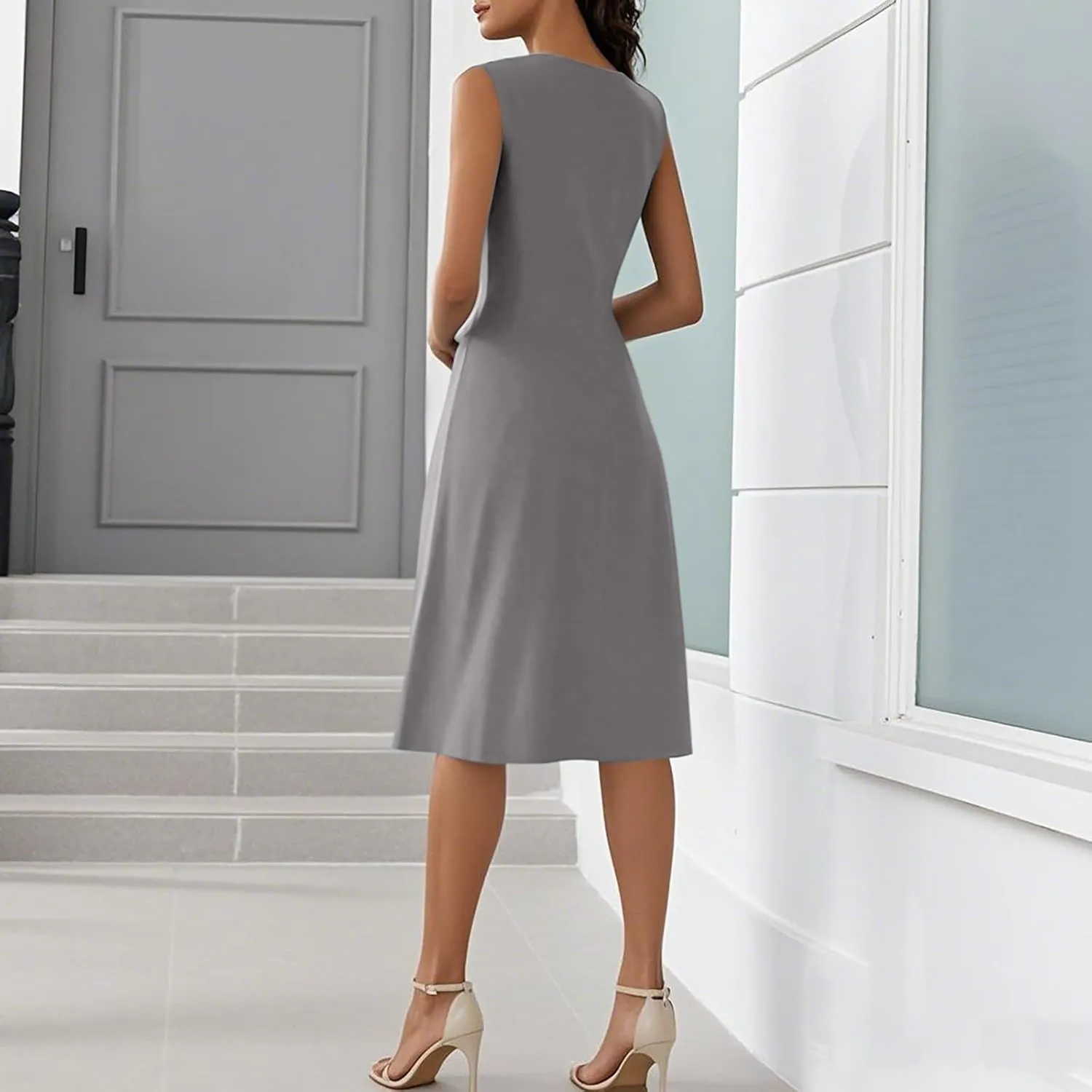 Casual Summer Dresses Spring V Neck Sleeveless Solid Color Flowy Vacation Wedding Guest Sundresses, S-2XL
