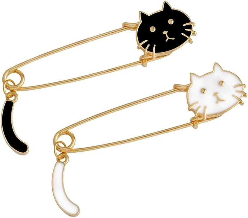 Cat Brooch Cute Enamel Animal Pins Set Cartoon White & White Cat Lapel Pins Brooches Lovers Backpacks Clothes Accessories(2pcs Black&White Set)