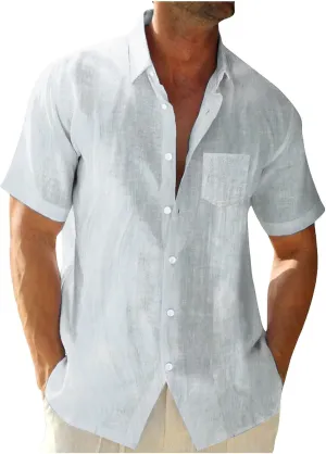 Cathalem Mens Linen Shirt Guayabera Cuban Short Sleeve Button Down Cotton Summer Beach Hippie Shirts Mexican Shirts for Men