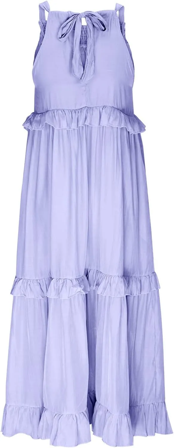 Ceboyel Women Bohemian Maxi Dress Ruffle Tiered Long Dress Halter Neck Sleeeve Pleated Sundresses Boho Beach Clothes 2023