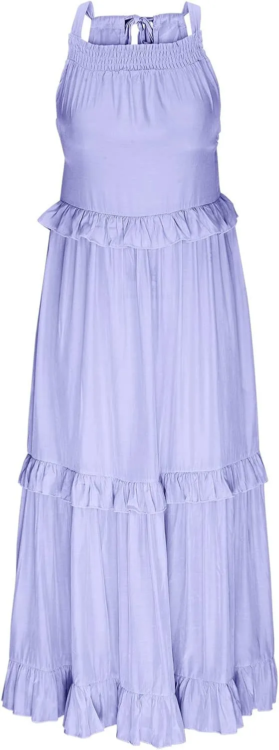 Ceboyel Women Bohemian Maxi Dress Ruffle Tiered Long Dress Halter Neck Sleeeve Pleated Sundresses Boho Beach Clothes 2023