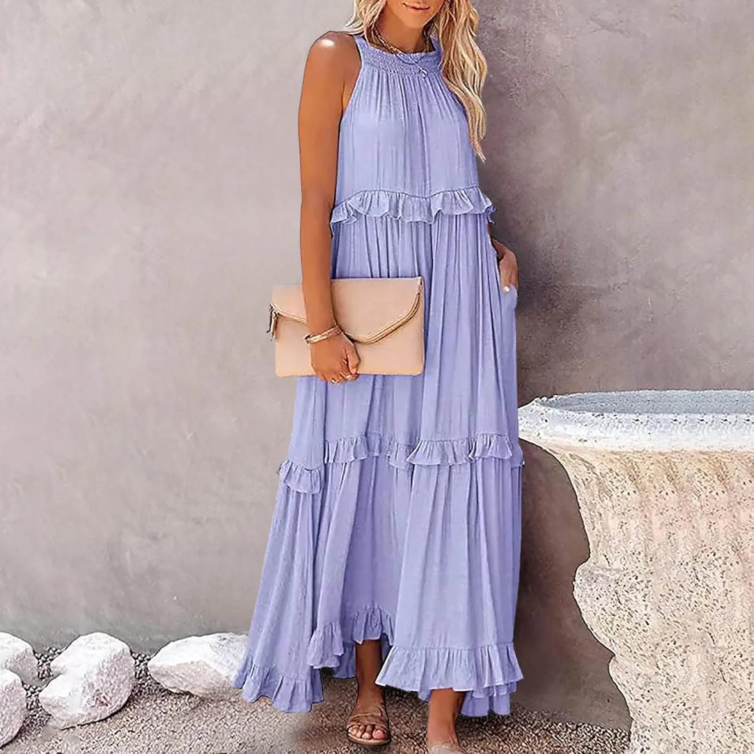 Ceboyel Women Bohemian Maxi Dress Ruffle Tiered Long Dress Halter Neck Sleeeve Pleated Sundresses Boho Beach Clothes 2023