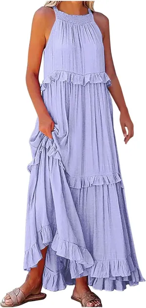 Ceboyel Women Bohemian Maxi Dress Ruffle Tiered Long Dress Halter Neck Sleeeve Pleated Sundresses Boho Beach Clothes 2023