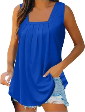 Ceboyel Women Sleeveless Pleated Summer Tops Loose Fit Camisole Shirt Square Neck Dressy Casual Tank Top 2023 Trendy Outfits
