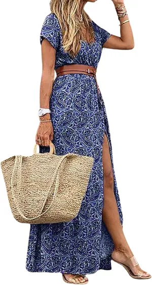 CHARTOU Women Summer Short Sleeve Boho Maxi Dress Flowy Long Summer Dress Floral V Neck Dress Hippie Beach Sundress