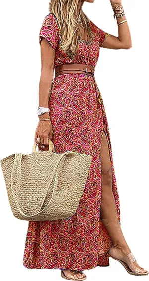 CHARTOU Women Summer Short Sleeve Boho Maxi Dress Flowy Long Summer Dress Floral V Neck Dress Hippie Beach Sundress
