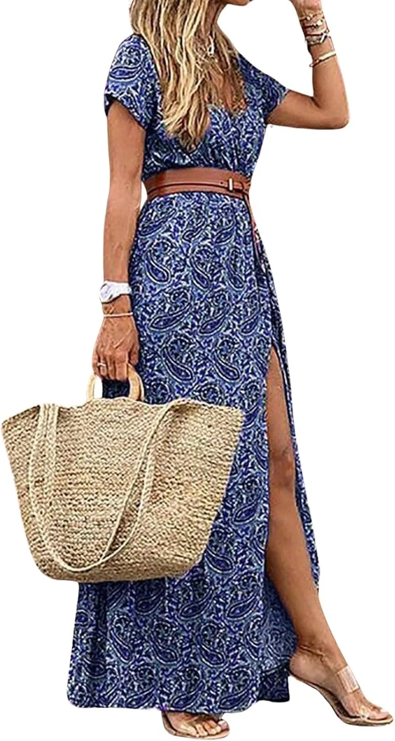 CHARTOU Women Summer Short Sleeve Boho Maxi Dress Flowy Long Summer Dress Floral V Neck Dress Hippie Beach Sundress