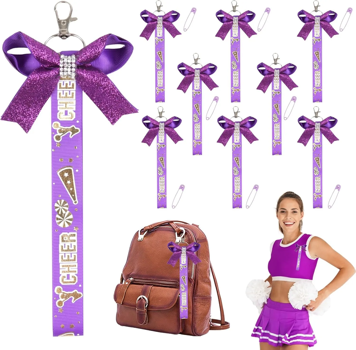 Cheerleader Bow Keychain, 8 PCS Ribbon Cheer Keychain with Glitter Rhinestones Bow Lanyard Keychain Girls Gift