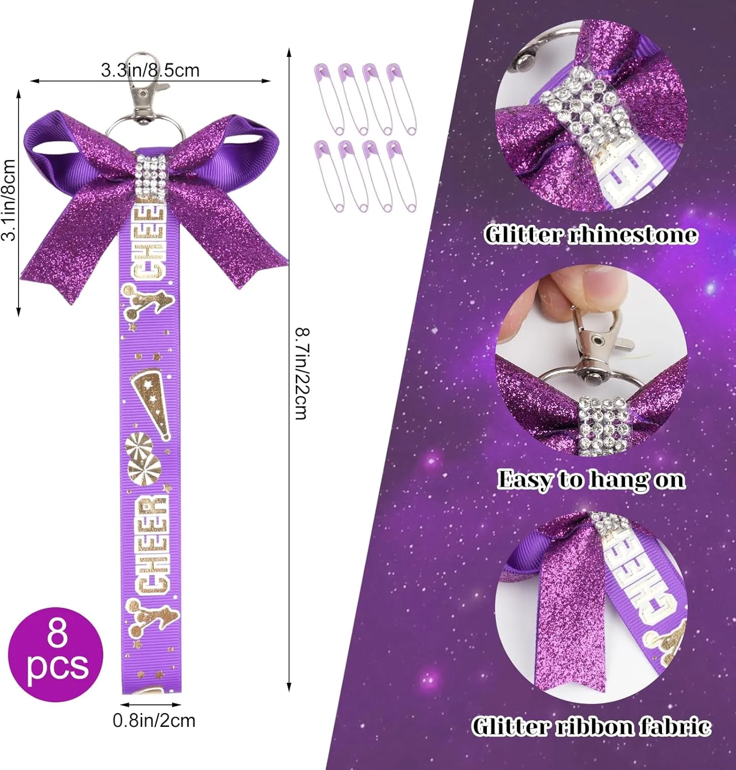 Cheerleader Bow Keychain, 8 PCS Ribbon Cheer Keychain with Glitter Rhinestones Bow Lanyard Keychain Girls Gift