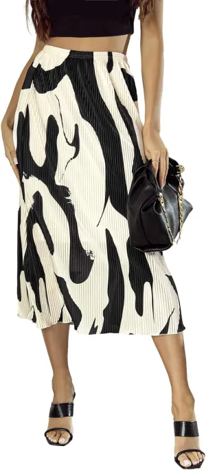Chic and Flattering High Waist Pleated Midi Skirt in Geometric Print