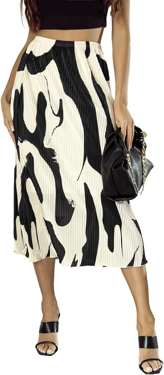Chic and Flattering High Waist Pleated Midi Skirt in Geometric Print